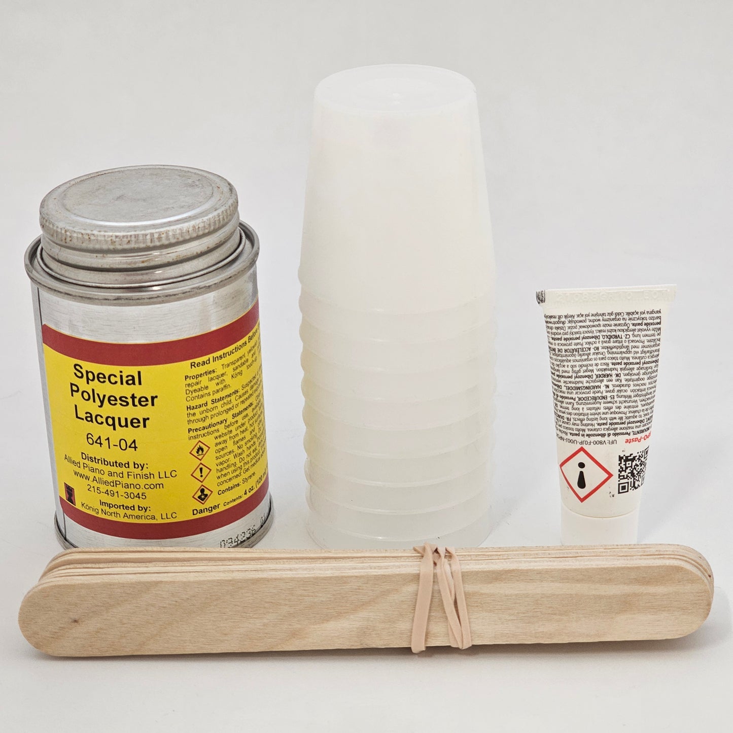 Polyester kit with 100ml polyester, 10g hardener, 20 sticks, 10 cups